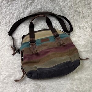 AIBAG Canvas Crossbody Satchel Striped Brown Leather Trim Tote Messenger Bag